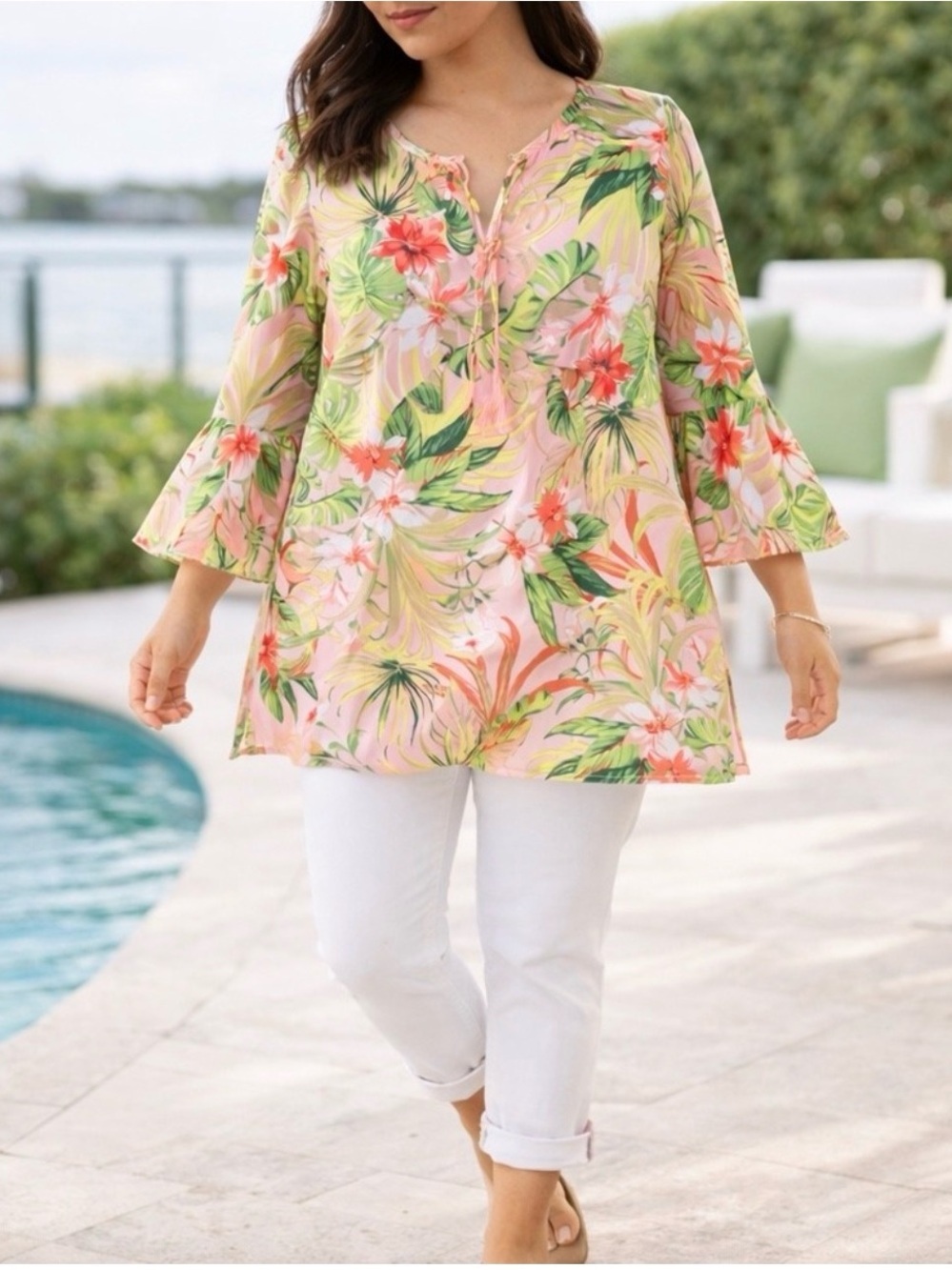 J. JILL Tropical Floral Print Lined Chiffon 3/4 Sleeve Tunic Top Size XL